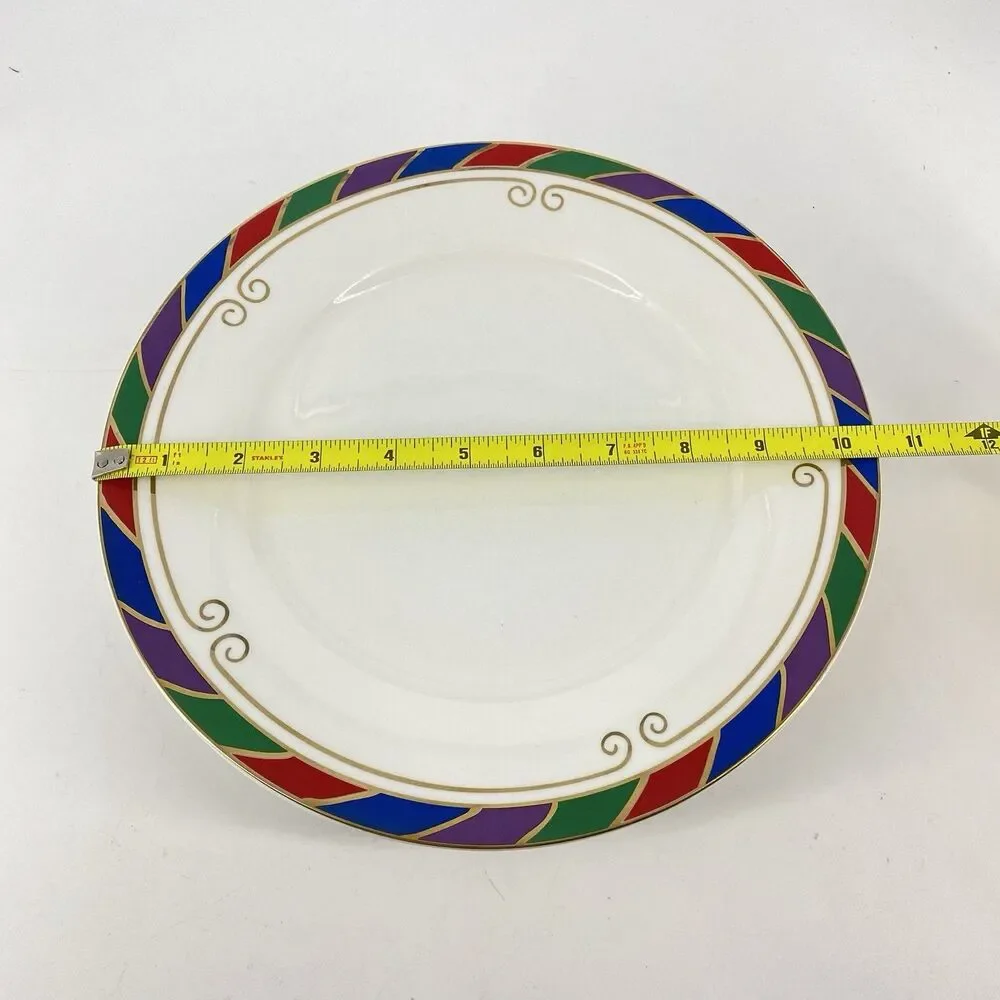 Set of 4 Pier 1 Celebration 10.5” Porcelain Dinner Plates Multicolor Rim NEW